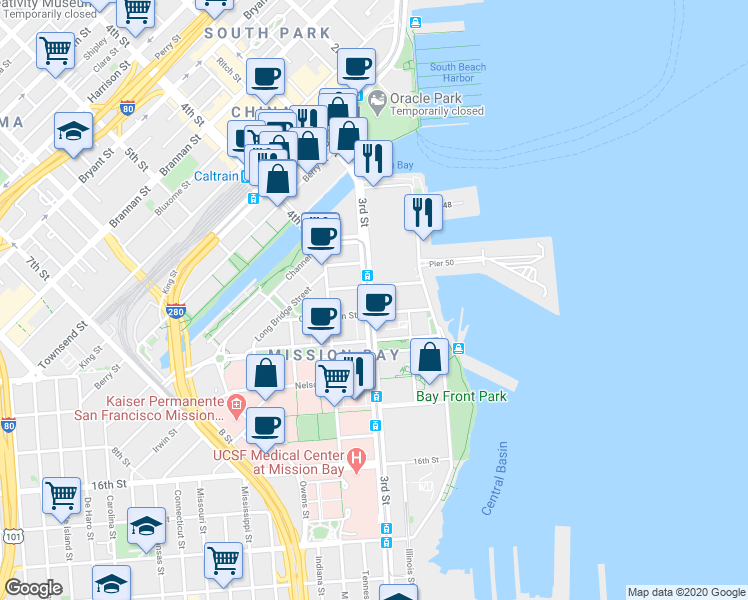 map of restaurants, bars, coffee shops, grocery stores, and more near 1245 3rd Street in San Francisco