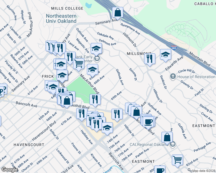 map of restaurants, bars, coffee shops, grocery stores, and more near 3421 68th Avenue in Oakland