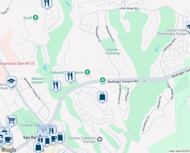 map of restaurants, bars, coffee shops, grocery stores, and more near 450 Bollinger Canyon Lane in San Ramon