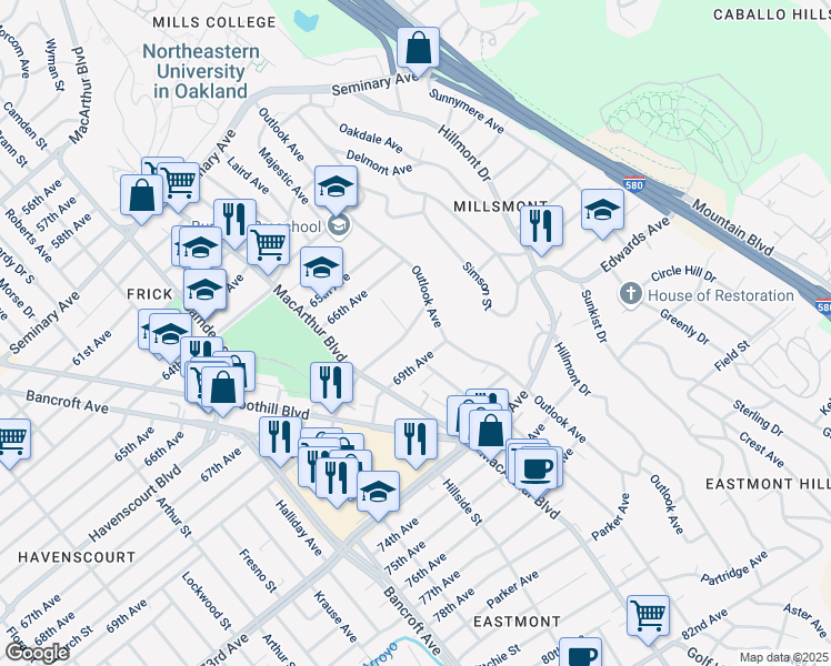 map of restaurants, bars, coffee shops, grocery stores, and more near 3504 68th Avenue in Oakland