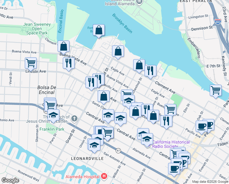 map of restaurants, bars, coffee shops, grocery stores, and more near 1739 Pacific Avenue in Alameda