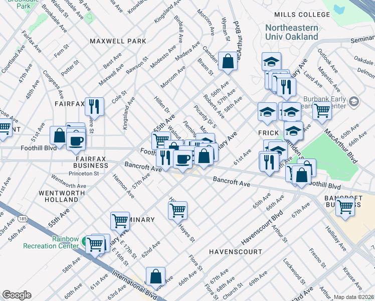 map of restaurants, bars, coffee shops, grocery stores, and more near 5775 Walnut Street in Oakland