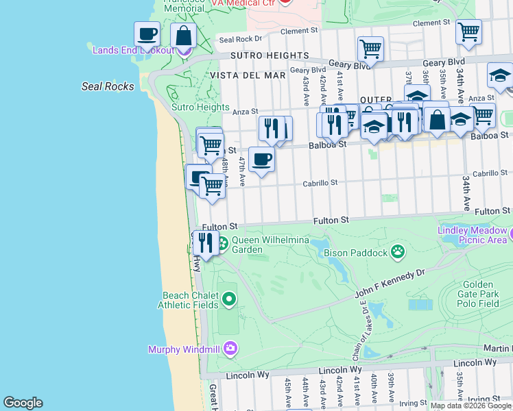 map of restaurants, bars, coffee shops, grocery stores, and more near 818 46th Avenue in San Francisco