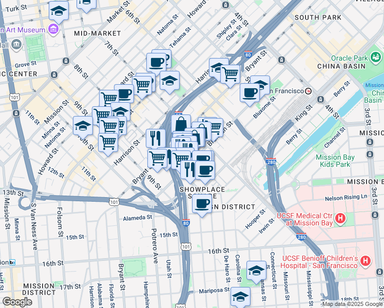 map of restaurants, bars, coffee shops, grocery stores, and more near 360 Langton Street in San Francisco