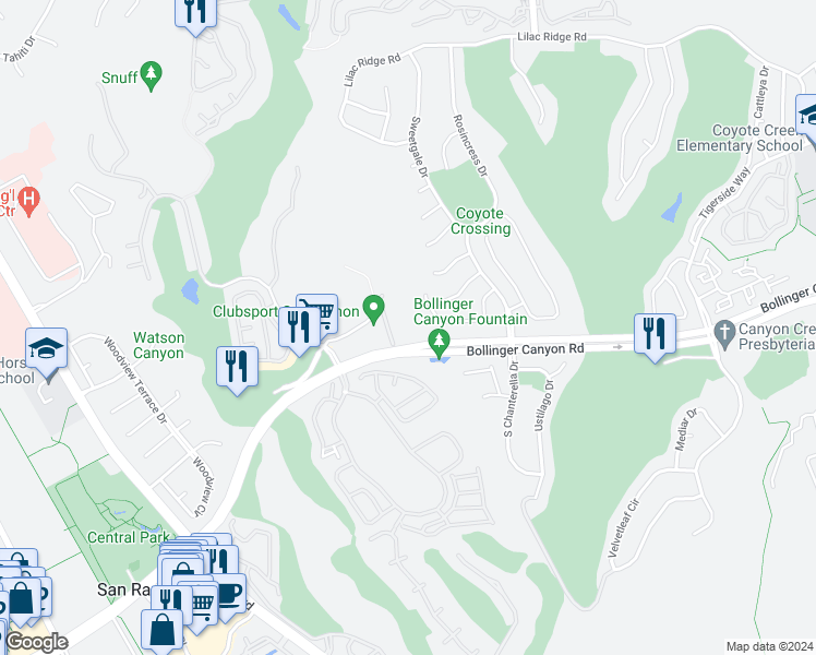 map of restaurants, bars, coffee shops, grocery stores, and more near 480 Bollinger Canyon Lane in San Ramon