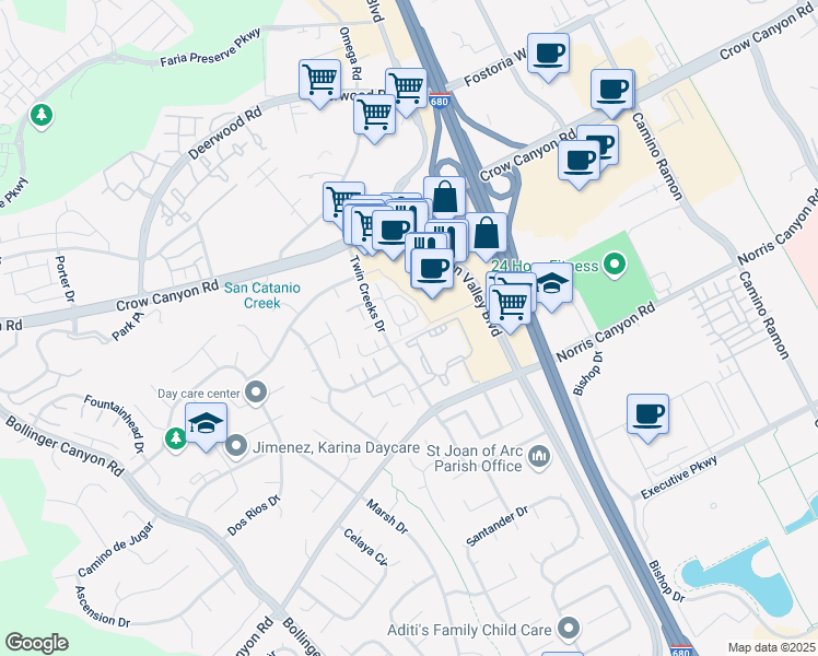 map of restaurants, bars, coffee shops, grocery stores, and more near 101 Compton Circle in San Ramon
