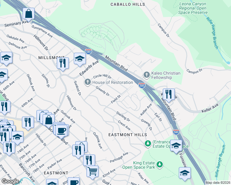map of restaurants, bars, coffee shops, grocery stores, and more near 7591 Circle Hill Drive in Oakland