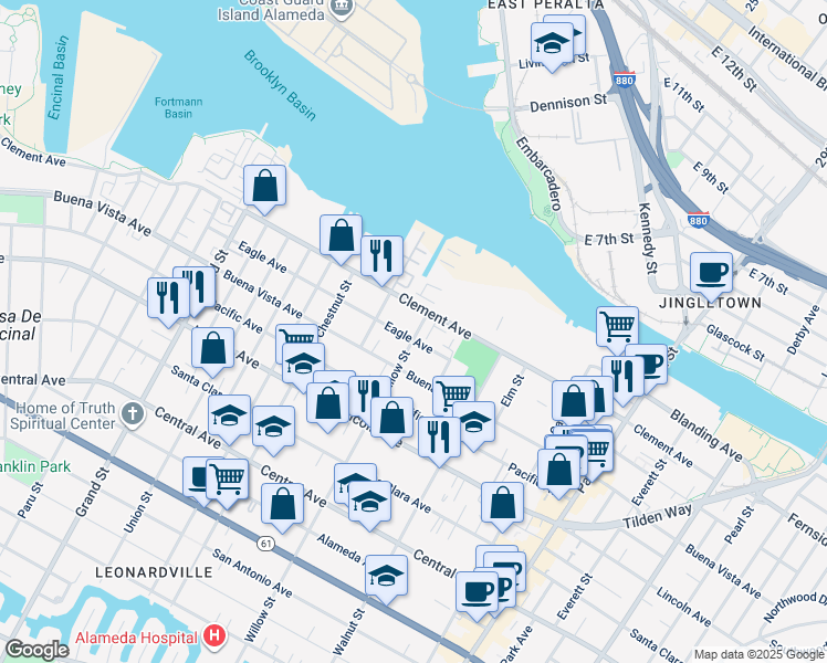 map of restaurants, bars, coffee shops, grocery stores, and more near 2051 Eagle Avenue in Alameda