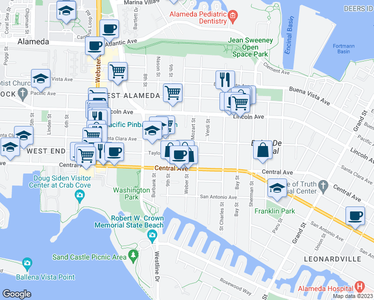 map of restaurants, bars, coffee shops, grocery stores, and more near 918 Santa Clara Avenue in Alameda