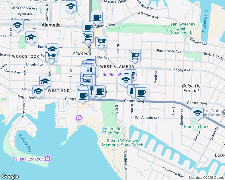map of restaurants, bars, coffee shops, grocery stores, and more near 760 Santa Clara Avenue in Alameda