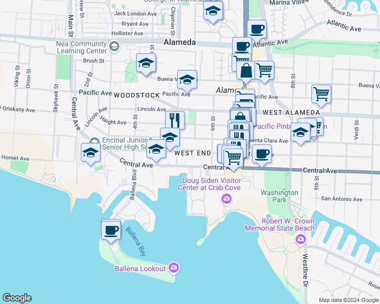 map of restaurants, bars, coffee shops, grocery stores, and more near 519 Taylor Avenue in Alameda