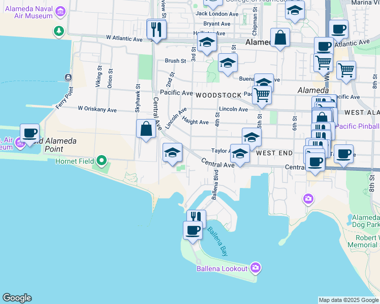 map of restaurants, bars, coffee shops, grocery stores, and more near 313 Taylor Avenue in Alameda