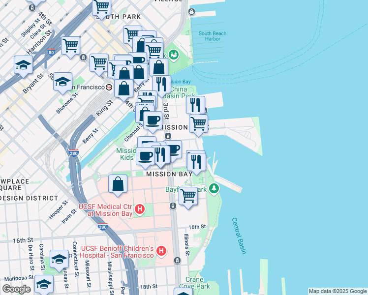 map of restaurants, bars, coffee shops, grocery stores, and more near 410 China Basin Street in San Francisco