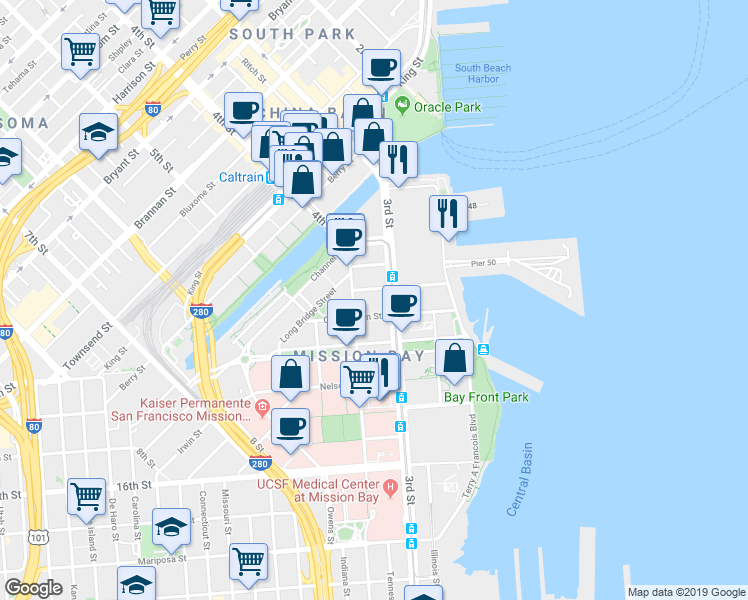 map of restaurants, bars, coffee shops, grocery stores, and more near 1155 4th Street in San Francisco