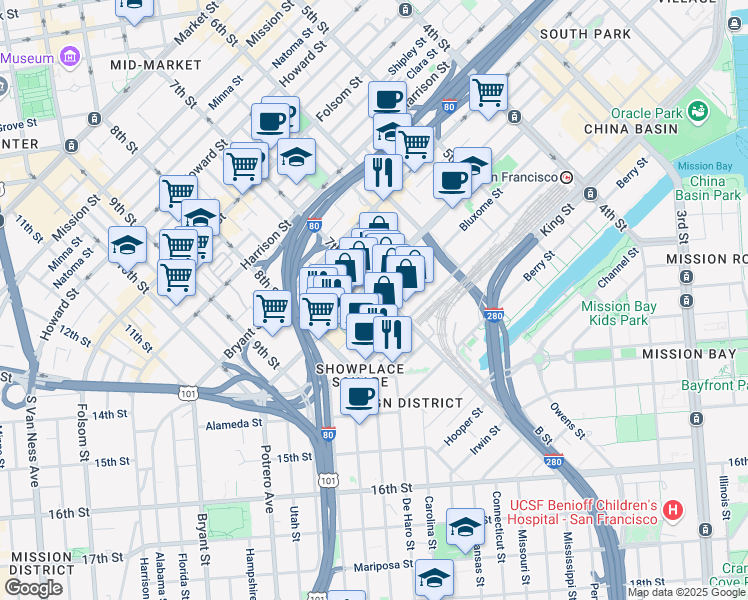 map of restaurants, bars, coffee shops, grocery stores, and more near 603 7th Street in San Francisco