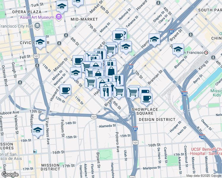 map of restaurants, bars, coffee shops, grocery stores, and more near in San Francisco