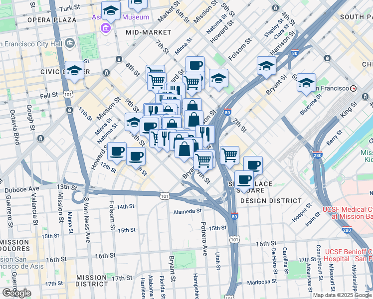 map of restaurants, bars, coffee shops, grocery stores, and more near 1226 Harrison Street in San Francisco
