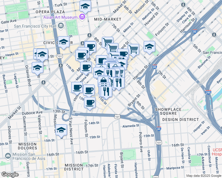 map of restaurants, bars, coffee shops, grocery stores, and more near 130 Dore Street in San Francisco