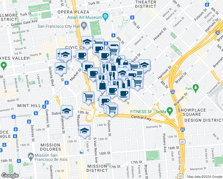 map of restaurants, bars, coffee shops, grocery stores, and more near 969 Natoma Street in San Francisco