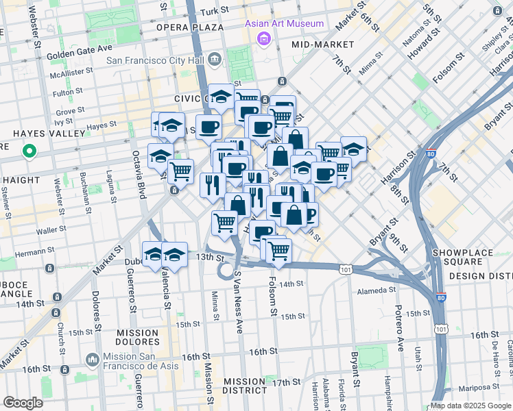map of restaurants, bars, coffee shops, grocery stores, and more near 1029 Natoma Street in San Francisco