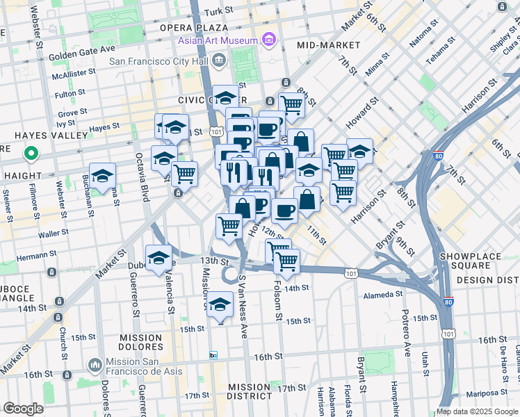 map of restaurants, bars, coffee shops, grocery stores, and more near 1029 Natoma Street in San Francisco