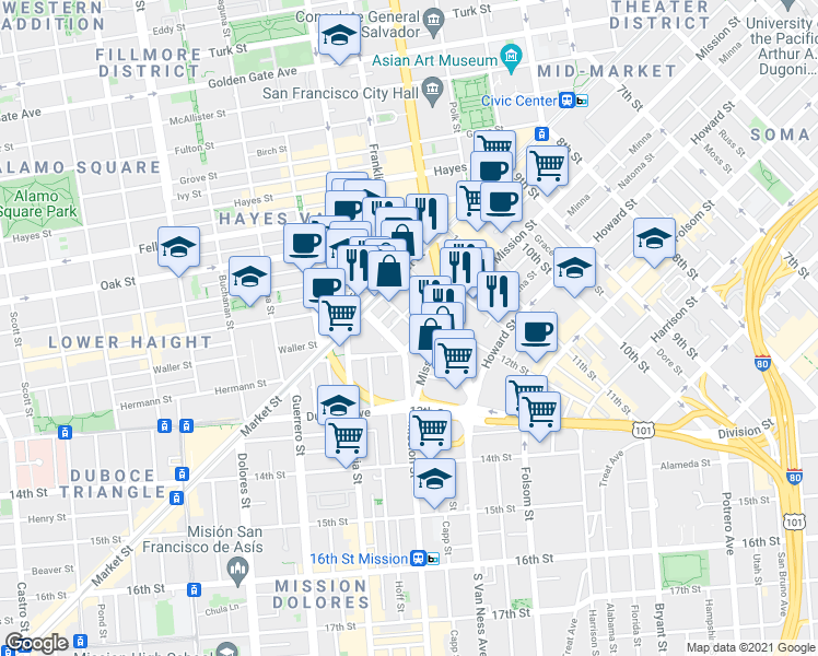 map of restaurants, bars, coffee shops, grocery stores, and more near 10 Chase Court in San Francisco