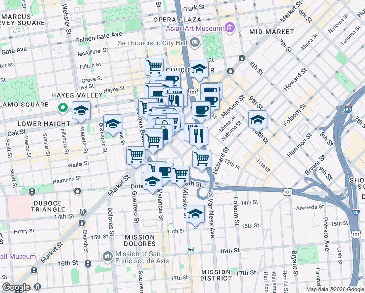 map of restaurants, bars, coffee shops, grocery stores, and more near 1206 Stevenson Street in San Francisco