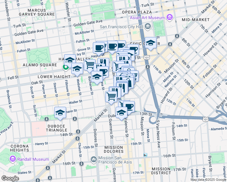 map of restaurants, bars, coffee shops, grocery stores, and more near 101 Octavia Street in San Francisco