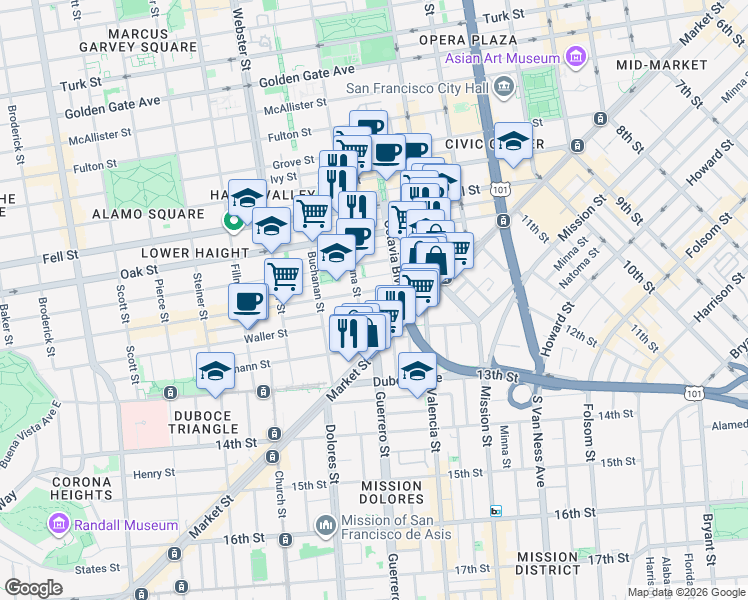 map of restaurants, bars, coffee shops, grocery stores, and more near in San Francisco