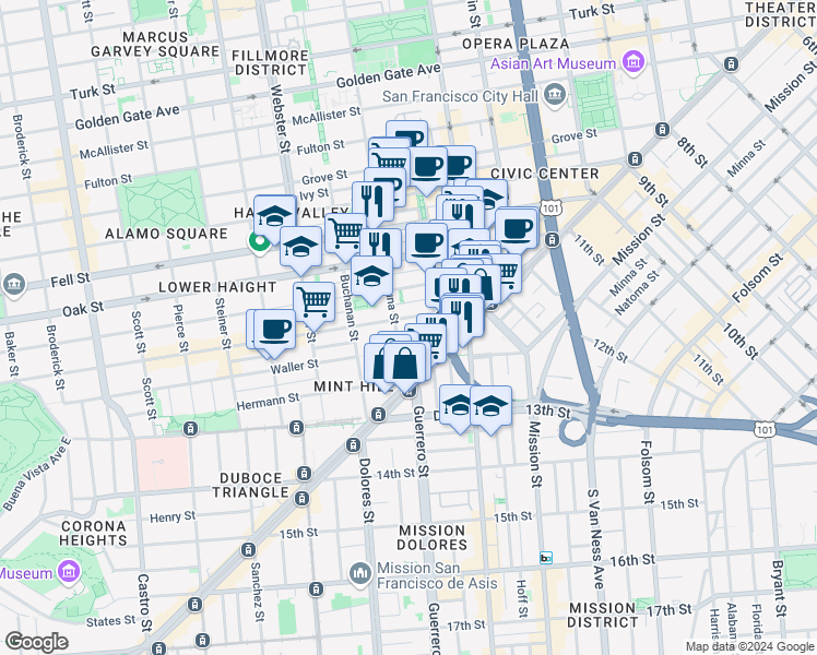 map of restaurants, bars, coffee shops, grocery stores, and more near in San Francisco