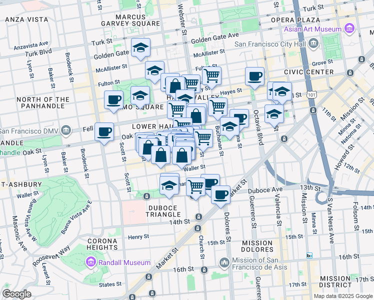 map of restaurants, bars, coffee shops, grocery stores, and more near 565 Page Street in San Francisco