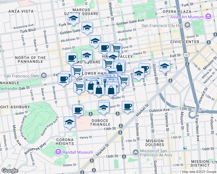 map of restaurants, bars, coffee shops, grocery stores, and more near 659 Page Street in San Francisco