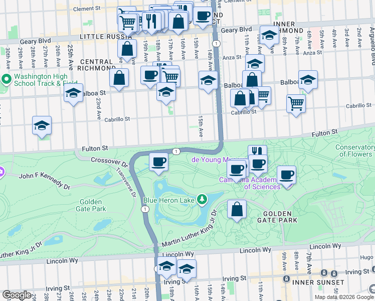 map of restaurants, bars, coffee shops, grocery stores, and more near 4026 Fulton Street in San Francisco