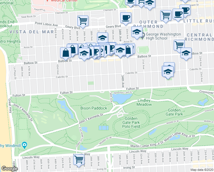 map of restaurants, bars, coffee shops, grocery stores, and more near 846 36th Avenue in San Francisco