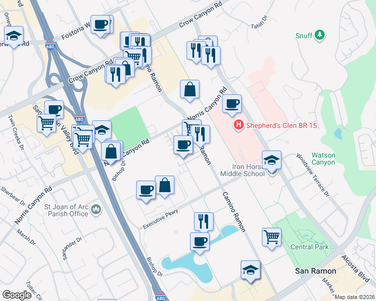 map of restaurants, bars, coffee shops, grocery stores, and more near 7017 Sunglow Terrace in San Ramon