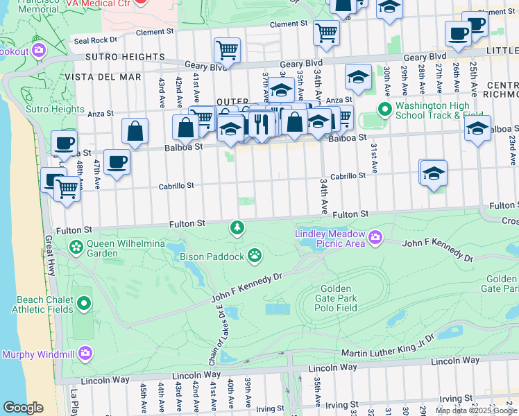 map of restaurants, bars, coffee shops, grocery stores, and more near 843 37th Avenue in San Francisco