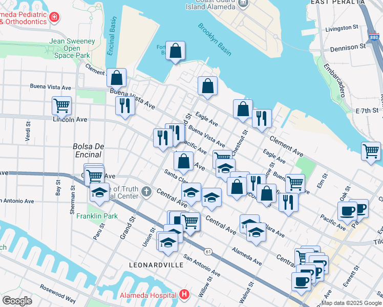 map of restaurants, bars, coffee shops, grocery stores, and more near 1613 Union Street in Alameda