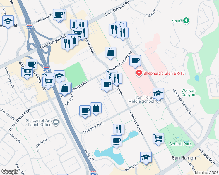 map of restaurants, bars, coffee shops, grocery stores, and more near 2410 Camino Ramon in San Ramon