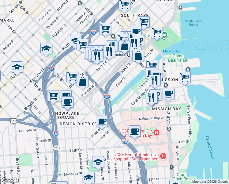 map of restaurants, bars, coffee shops, grocery stores, and more near 355 Berry Street in San Francisco