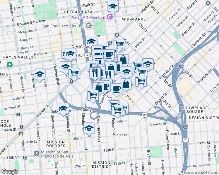 map of restaurants, bars, coffee shops, grocery stores, and more near 1543 Howard St in San Francisco