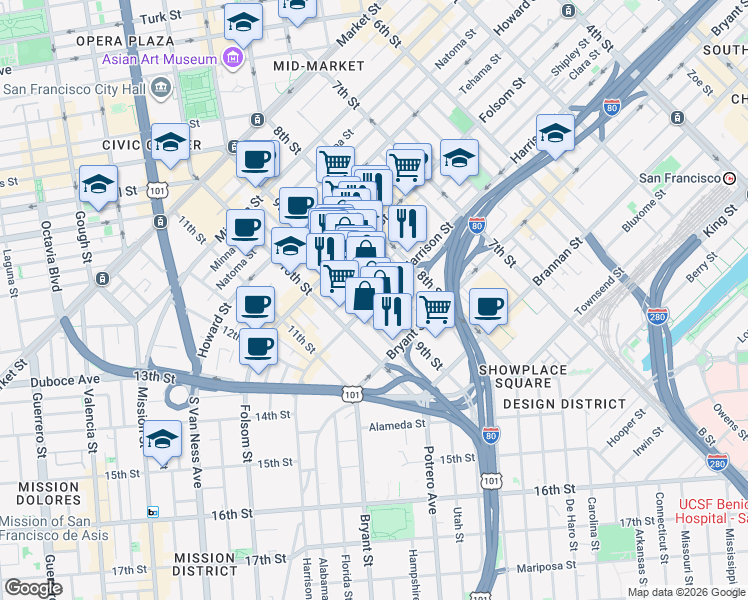 map of restaurants, bars, coffee shops, grocery stores, and more near Harrison St & 9th St in San Francisco