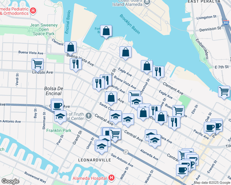 map of restaurants, bars, coffee shops, grocery stores, and more near 1613 Union Street in Alameda