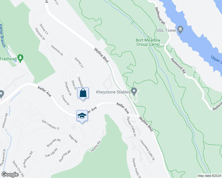 map of restaurants, bars, coffee shops, grocery stores, and more near 8265 Skyline Circle in Oakland