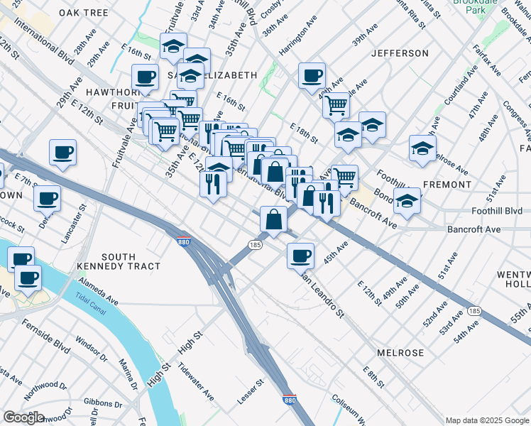 map of restaurants, bars, coffee shops, grocery stores, and more near 1201 41st Avenue in Oakland