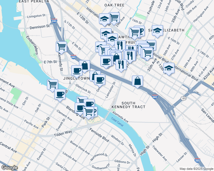 map of restaurants, bars, coffee shops, grocery stores, and more near 3009 East 7th Street in Oakland