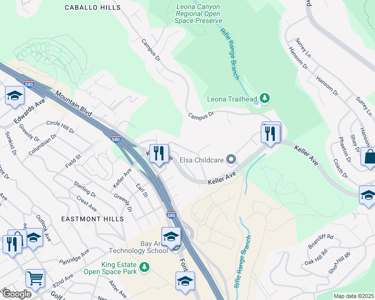 map of restaurants, bars, coffee shops, grocery stores, and more near 8078 Greenridge Drive in Oakland