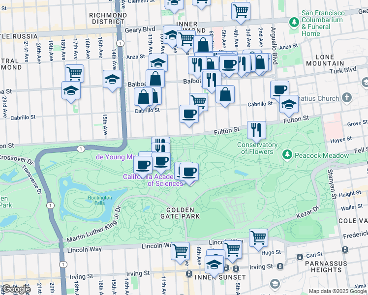 map of restaurants, bars, coffee shops, grocery stores, and more near 429 John F Kennedy Drive in San Francisco