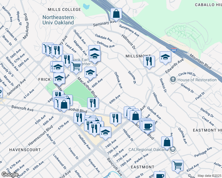 map of restaurants, bars, coffee shops, grocery stores, and more near 6729 Laird Avenue in Oakland