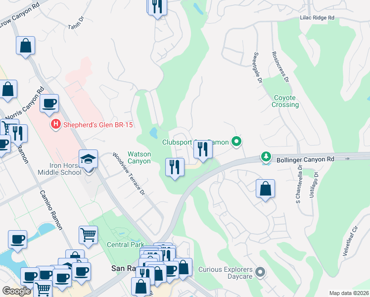 map of restaurants, bars, coffee shops, grocery stores, and more near 908 Vista Pointe Drive in San Ramon
