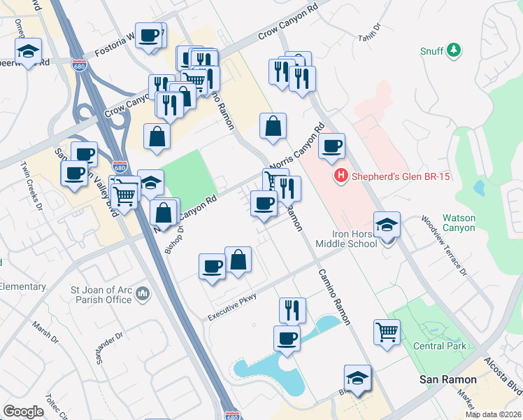 map of restaurants, bars, coffee shops, grocery stores, and more near 6008 Sunglow Terrace in San Ramon